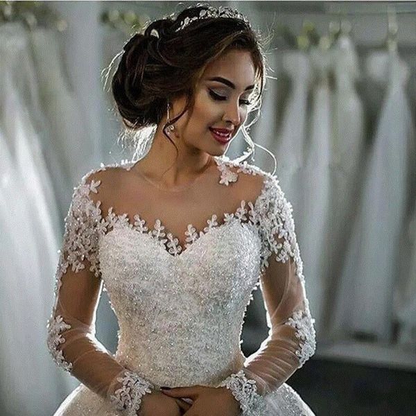 sheer neck wedding dresses lace appliques beads illusion long sleeves bridal gowns ball gowns sweep train custom made wedding dresses hy357, White
sheer neck wedding dresses lace appliques beads illusion long sleeves bridal gowns ball gowns sweep train custom made wedding dresses hy357, White