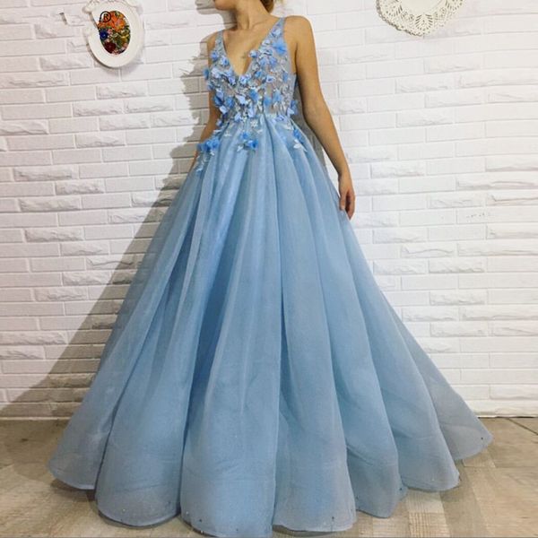 light sky blue evening dresses 2018 a-line v-neck petals flowers beaded formal party gowns dubai saudi arabic tulle long prom dresses, Black
light sky blue evening dresses 2018 a-line v-neck petals flowers beaded formal party gowns dubai saudi arabic tulle long prom dresses, Black