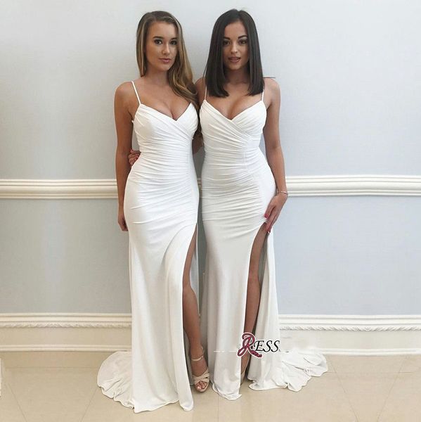 2019 elegant v-neck spaghetti-straps prom dresses side split ruffle sweep train zipper back white bridesmaid dress formal party gown, White;pink
2019 elegant v-neck spaghetti-straps prom dresses side split ruffle sweep train zipper back white bridesmaid dress formal party gown, White;pink
