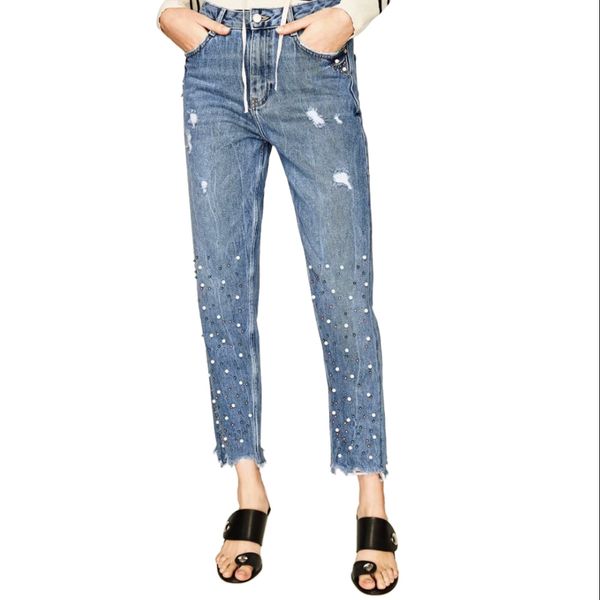 women vintage high waist pearls beads ripped jeans hem push up denim pants zipper tassel hollow out hole(blue
women vintage high waist pearls beads ripped jeans hem push up denim pants zipper tassel hollow out hole(blue