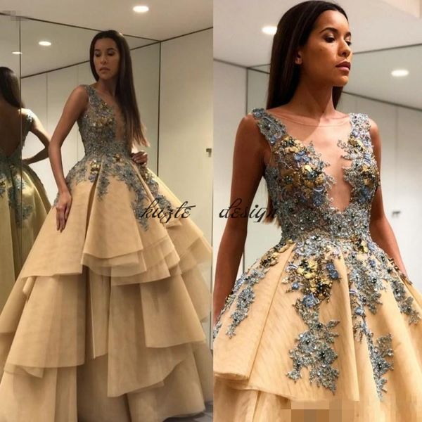 champagne 3d floral applique prom pageant dresses 2018 tony chaaya sheer plunging jewel tiered skirt princess evening wear party gown, Black
champagne 3d floral applique prom pageant dresses 2018 tony chaaya sheer plunging jewel tiered skirt princess evening wear party gown, Black
