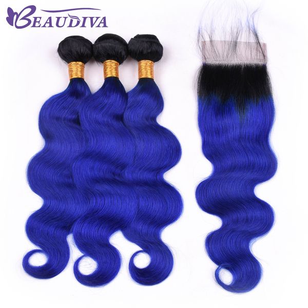 

beau diva pre colored tb/blue brazilian virgin human hair bundles with closure straight 100% ombre hair bundles with closure 4*4 remy, Black;brown