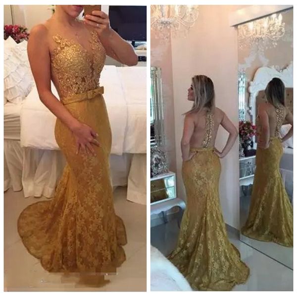 sheer o-neck gold lace mermaid prom dresses 2019 slim with bow waist sweep train ladies evening party gowns beaded customized cheap, Black
sheer o-neck gold lace mermaid prom dresses 2019 slim with bow waist sweep train ladies evening party gowns beaded customized cheap, Black