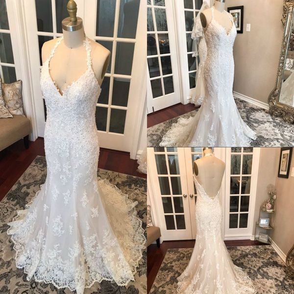 2019 mermaid wedding dresses halter lace appliqued sequined sweep train backless bridal gowns real pictures country robe de mariée, White
2019 mermaid wedding dresses halter lace appliqued sequined sweep train backless bridal gowns real pictures country robe de mariée, White