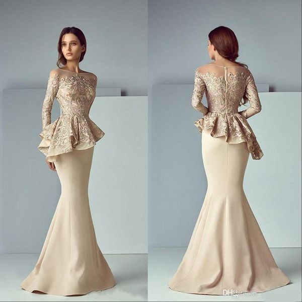 champagne lace stain peplum wear prom dresses sheer neck long sleeve dubai arabic mermaid long evening formal gowns, Black
champagne lace stain peplum wear prom dresses sheer neck long sleeve dubai arabic mermaid long evening formal gowns, Black