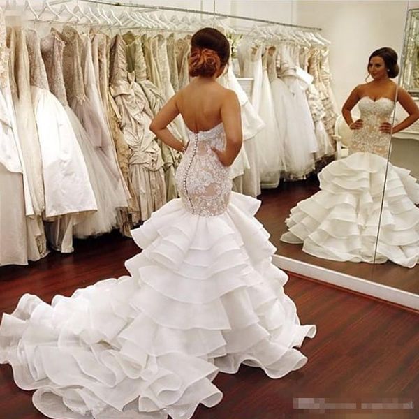 charming tiered train wedding dresses sweetheart lace mermaid bridal gowns custom made buttons back wedding vestidos de noiva, White
charming tiered train wedding dresses sweetheart lace mermaid bridal gowns custom made buttons back wedding vestidos de noiva, White