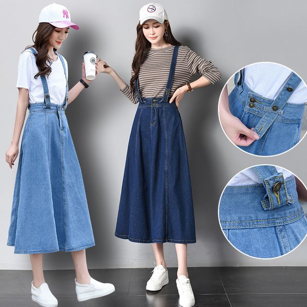 2018 women elegant vintage high waist slim pleated a-line long denim brace strap skirt female plus size basic skirt, Black
2018 women elegant vintage high waist slim pleated a-line long denim brace strap skirt female plus size basic skirt, Black