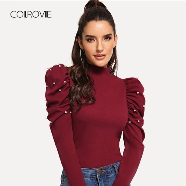 

colrovie burgundy pearls beads mock neck puff sleeve christmas elegant blouse 2018 autumn fashion sweet womens and blouses, White