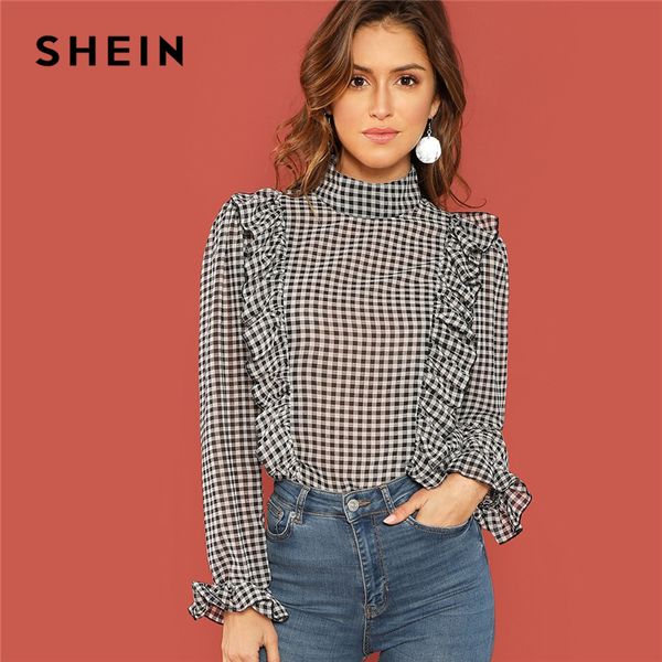 

shein black and white casual ruffle detail mock-neck plaid long sleeve blouse autumn office lady fashion women and blouses
