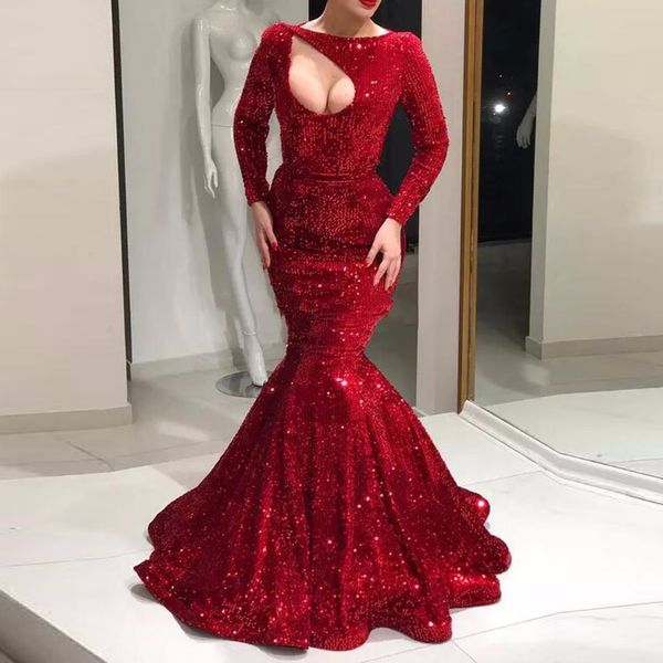 red sequined long mermaid pron dresses full sleeves cut out bust fashion prom gowns o-neck formal party dresses, Black
red sequined long mermaid pron dresses full sleeves cut out bust fashion prom gowns o-neck formal party dresses, Black