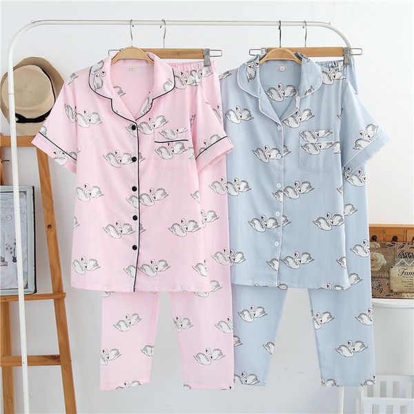 new pajamas set short sleeve women sleepwear cartoon swan nightwear summer cotton sleep lounge leisure home cloth two piece set, Blue;gray
new pajamas set short sleeve women sleepwear cartoon swan nightwear summer cotton sleep lounge leisure home cloth two piece set, Blue;gray