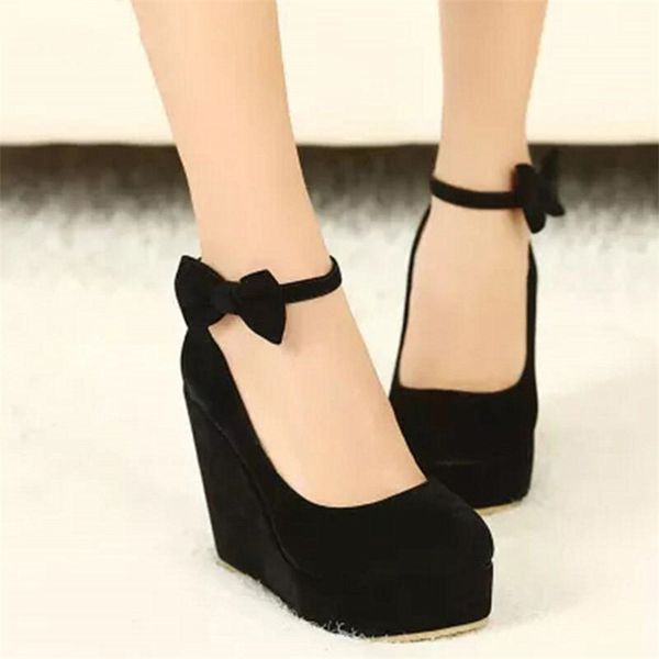 women high heels elegant wedges wedding dress pumps female flock platform buckle ankle butterfly-knot shoes, Black
women high heels elegant wedges wedding dress pumps female flock platform buckle ankle butterfly-knot shoes, Black