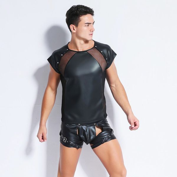 men latex leather patchwork shirt catsuit costumes for stripper outfit clubwear pole dance game party, Black
men latex leather patchwork shirt catsuit costumes for stripper outfit clubwear pole dance game party, Black