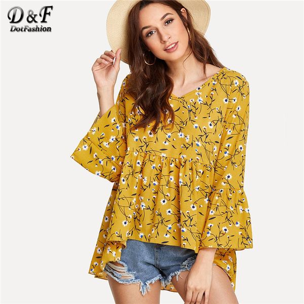 dotfashion fluted sleeve calico print dip hem 2018 summer v neck 3/4 sleeve blouse women mustard asymmetrical vacation top, White
dotfashion fluted sleeve calico print dip hem 2018 summer v neck 3/4 sleeve blouse women mustard asymmetrical vacation top, White