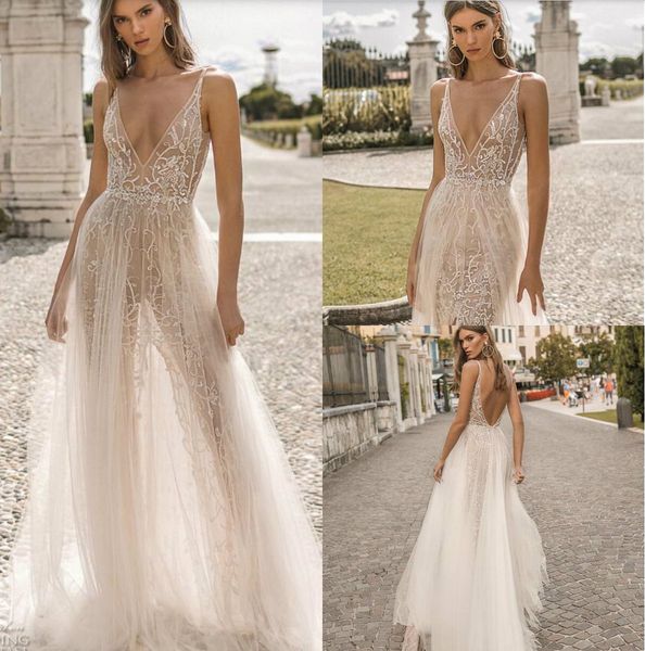 2019 berta wedding dresses a line deep v neck backless sweep train sleeveless beach wedding dress beaded sequins vestido de novia, White
2019 berta wedding dresses a line deep v neck backless sweep train sleeveless beach wedding dress beaded sequins vestido de novia, White