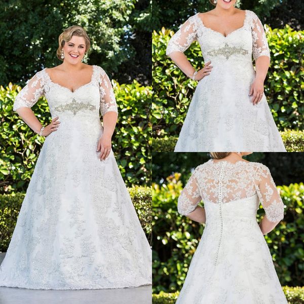 plus size a line lace wedding dresses with half sleeves appliqued crystal bridal gowns, White
plus size a line lace wedding dresses with half sleeves appliqued crystal bridal gowns, White