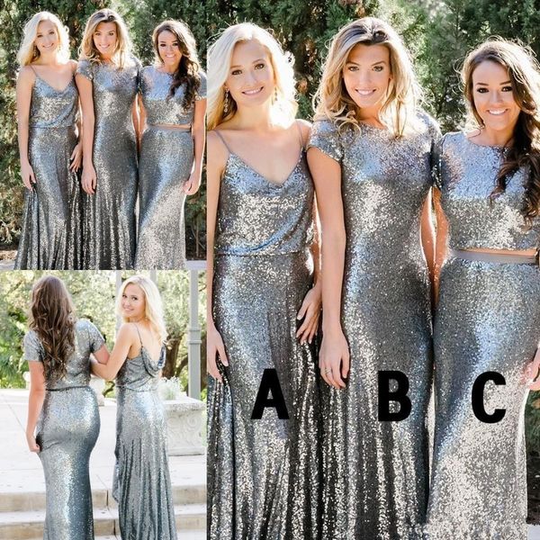 silver sequined bridesmaid dresses country style two pieces mix and match bridesmaid dress custom made wedding guest party gowns, White;pink