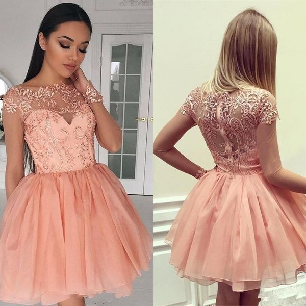 

2018 Sexy New Cocktail Dresses Sheer Jewel Neck Long Sleeves Peach Lace Applique Sequins Zipper Back Prom Party Plus Size Homecoming Gowns