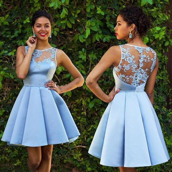 light sky blue homecoming dresses sheer neck sleeveless lace satin ruffles fashion short party gowns plus size african short prom dresses, Blue;pink
light sky blue homecoming dresses sheer neck sleeveless lace satin ruffles fashion short party gowns plus size african short prom dresses, Blue;pink