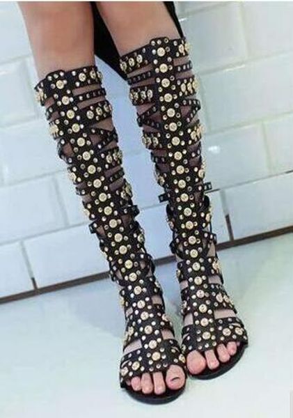gold studs women straps cage open toe ladies gladiator fashion flat knee/short boots zipper back summer boots, Black
gold studs women straps cage open toe ladies gladiator fashion flat knee/short boots zipper back summer boots, Black
