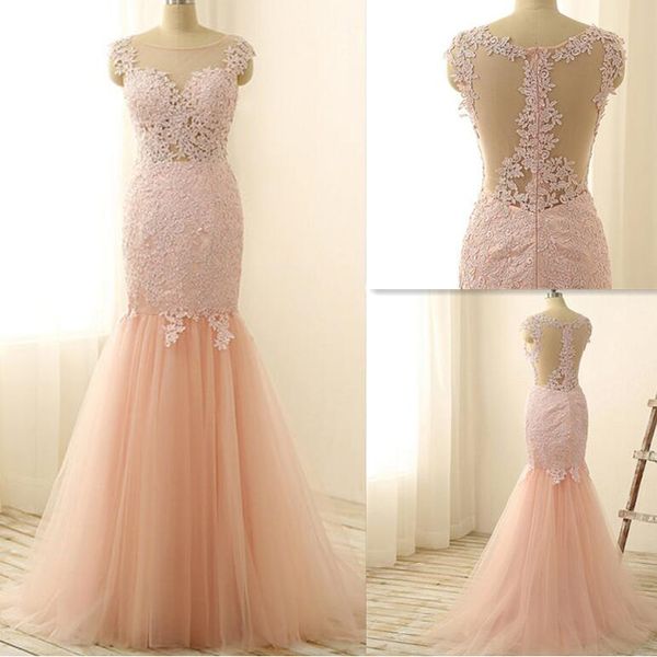 blush pink tulle mermaid prom dress sheer bateau neck capped sleeveless beaded lace appliques see through evening party gowns, Black
blush pink tulle mermaid prom dress sheer bateau neck capped sleeveless beaded lace appliques see through evening party gowns, Black