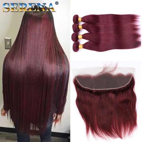 

burgundy wine red 99j brazilian virgin hair weave bundles with 13x4 frontal closure peruvian straight with baby human hair extension, Black;brown