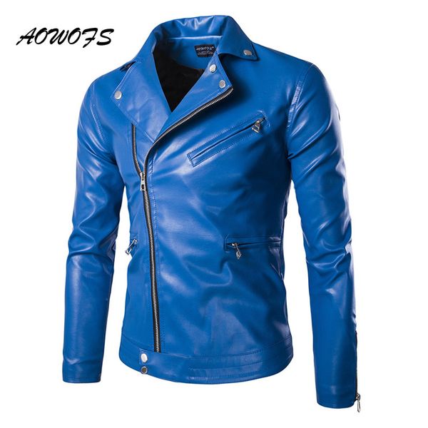 

aowofs мода мужские кожаные куртки синий / черный тонкий приталенный блузон куртки пальто дизайнер панк байкер для мужчин весна 5xl, Black