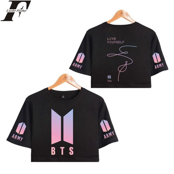

crop bts kpop t-shirt love yourself tear t-shirt 100% cotton short sleeve tees short clothes casual size, White