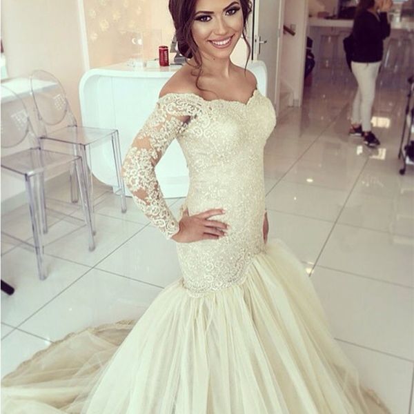 modest long sleeve wedding dress off the shoulder lace appliques puffy tulle bridal gowns wedding dress sweep train, White
modest long sleeve wedding dress off the shoulder lace appliques puffy tulle bridal gowns wedding dress sweep train, White