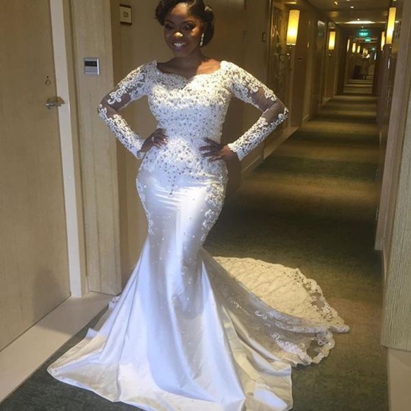 fashion african mermaid wedding dresses boat neck lace appliques beaded long sleeve bridal dress glamorous sweep train wedding gowns, White
fashion african mermaid wedding dresses boat neck lace appliques beaded long sleeve bridal dress glamorous sweep train wedding gowns, White
