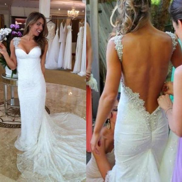 backless beads lace mermaid wedding dresses sweetheart sheer straps sleeveless long vestido de novia bridal gowns, White
backless beads lace mermaid wedding dresses sweetheart sheer straps sleeveless long vestido de novia bridal gowns, White