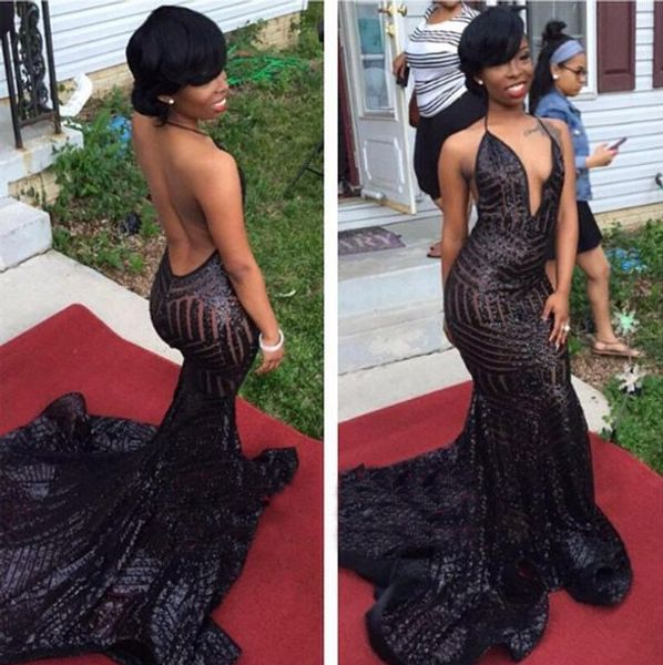 

black mermaid sequined prom dresses backless v-neck evening gowns spaghetti straps custom made black girl formal wear