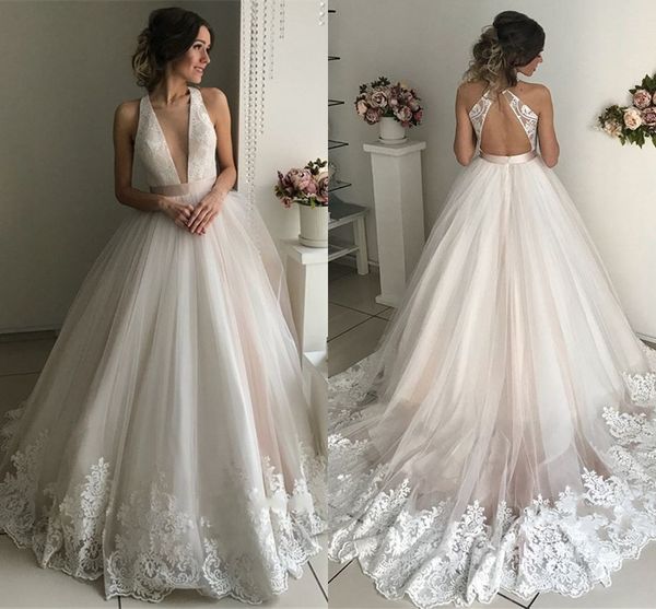 2019 elegant ball gown wedding dresses deep v neck sleeveless appliques tulle backless bridal dresses wedding gowns chapel train, White
2019 elegant ball gown wedding dresses deep v neck sleeveless appliques tulle backless bridal dresses wedding gowns chapel train, White