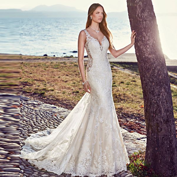 classy mermaid lace wedding dresses sheer back v neck sleeveless appliqued bridal gowns chapel train tulle trumpet vestido de novia, White
classy mermaid lace wedding dresses sheer back v neck sleeveless appliqued bridal gowns chapel train tulle trumpet vestido de novia, White