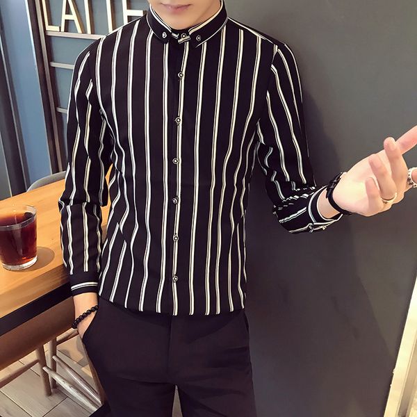 men clothes 2018 autumn slim fit stripe pattern shirt men long sleeve casual business formal wear mens tuxedo shirts, White;black
men clothes 2018 autumn slim fit stripe pattern shirt men long sleeve casual business formal wear mens tuxedo shirts, White;black