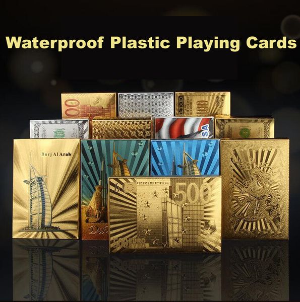 New Statue Of Liberty Style Waterproof Plastic Playing Cards Gold Foil Poker Golden Poker Cards Dubai 24k Plated Poker Table Games