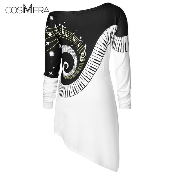 cosmera music notes asymmetrical t-shirt womens clothing skew neck long sleeve t shirt female ladies fall tshirts plus size, White