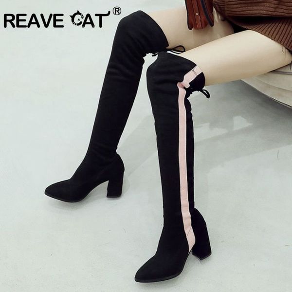 reave cat shoes women over the knee boots pointed toe lace up botas mulher feminina mujer sapato striped flock thick heel a1445, Black
reave cat shoes women over the knee boots pointed toe lace up botas mulher feminina mujer sapato striped flock thick heel a1445, Black