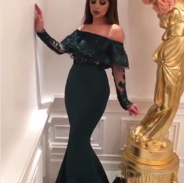 2018 Long Prom Dresses Off the Shoulder Dark Green Long Sleeves Evening Gowns Vintage Lace Mermaid Formal Wear Party Dresses
2018 Long Prom Dresses Off the Shoulder Dark Green Long Sleeves Evening Gowns Vintage Lace Mermaid Formal Wear Party Dresses