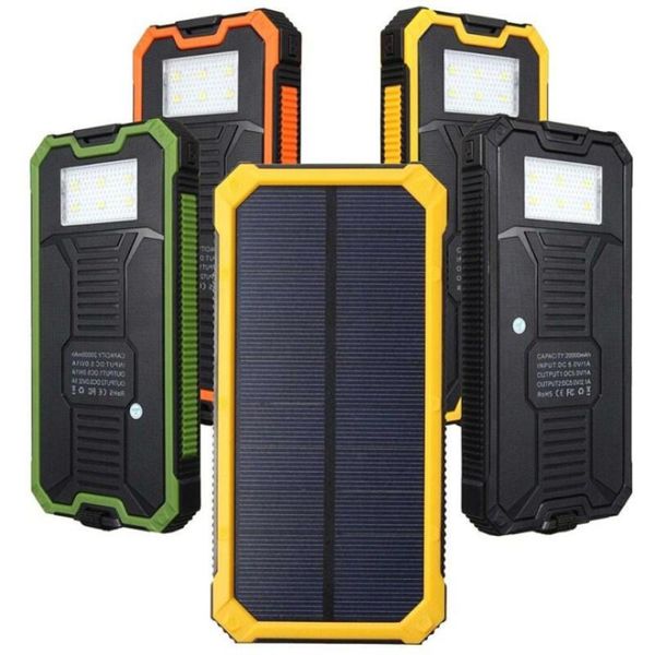 20000mah Solar Power Bank Solar Charger External Battery Dual Usb Camping Powerbank Portable Battery Charger With Led Lamps For Smartphone