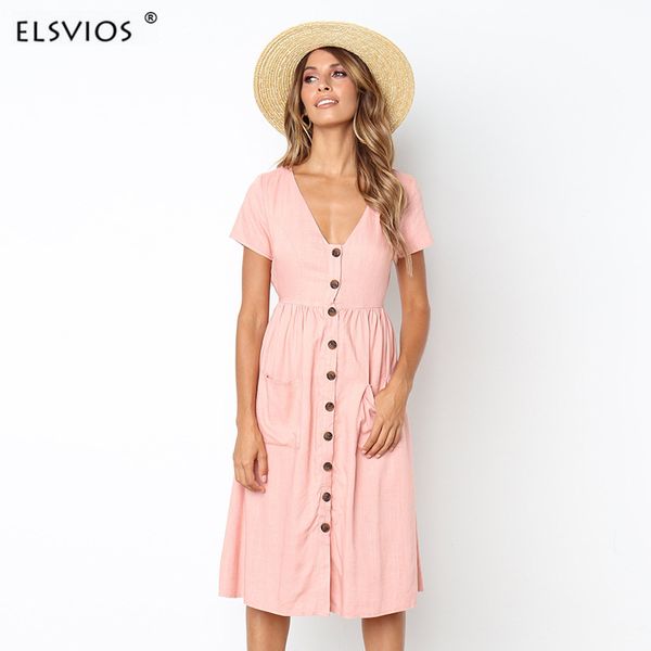elsvios women summer short sleeve botton dress elegant deep v neck empire dresses solid color knee length pocket dress, White;black
elsvios women summer short sleeve botton dress elegant deep v neck empire dresses solid color knee length pocket dress, White;black