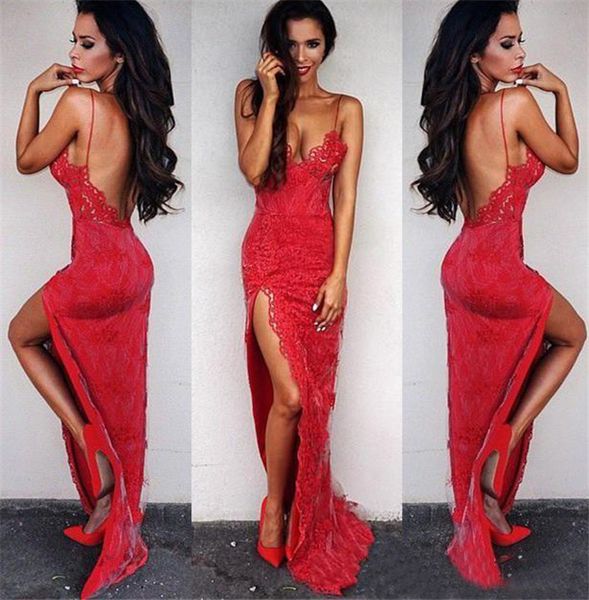 red lace prom dresses mermaid spaghetti straps backless front split floor length evening gowns, Black
red lace prom dresses mermaid spaghetti straps backless front split floor length evening gowns, Black