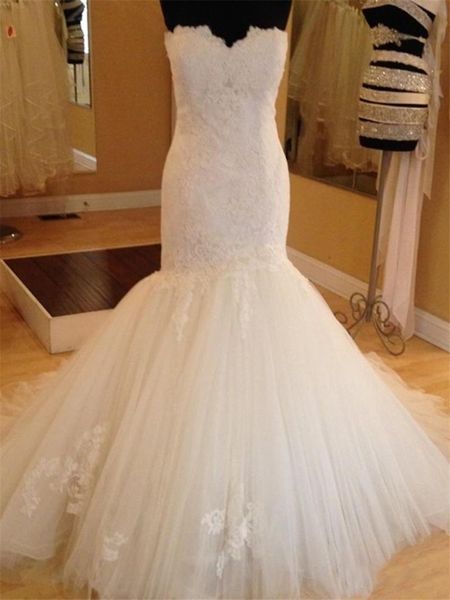 vintage lace mermaid wedding dresses real images sweetheart court train ivory tulle plus size court train bridal gowns, White
vintage lace mermaid wedding dresses real images sweetheart court train ivory tulle plus size court train bridal gowns, White
