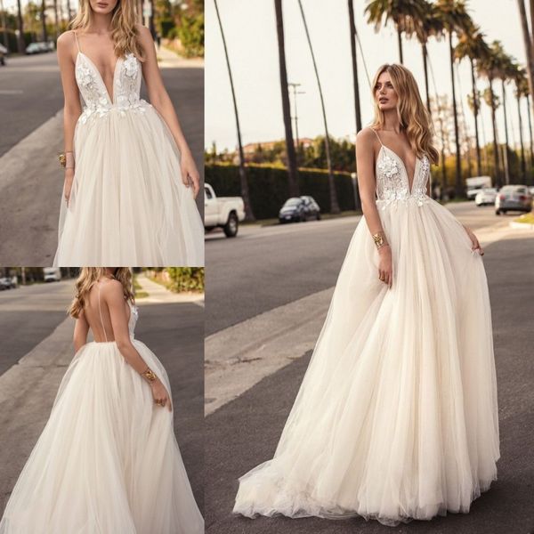 muse by berta 2018 beach a line wedding dresses tulle backless lace appliqued bridal gowns spaghetti v neck boho wedding dress, White
muse by berta 2018 beach a line wedding dresses tulle backless lace appliqued bridal gowns spaghetti v neck boho wedding dress, White