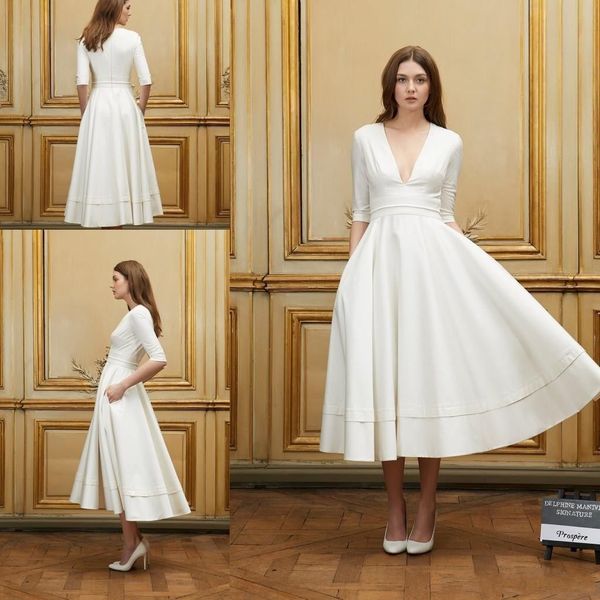 tea length short a line beach wedding dresses v neck half sleeves bridal gowns robe de mariée custom wedding dress, White
tea length short a line beach wedding dresses v neck half sleeves bridal gowns robe de mariée custom wedding dress, White