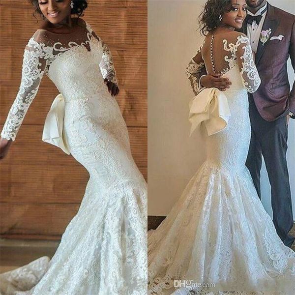 plus size mermaid wedding dresses with detachable train 2019 modest long sleeve full lace african nigeria trumpet bridal gowns with big bow, White
plus size mermaid wedding dresses with detachable train 2019 modest long sleeve full lace african nigeria trumpet bridal gowns with big bow, White