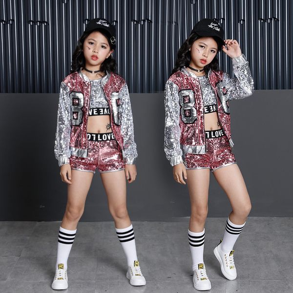 

tammy ada kids girl sequin dancing pink silver jacket coat crop shorts 3pcs sets hip-hop jazz dance clothes children sets y18102408, White