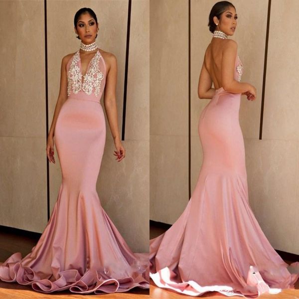 Pink Halter Sexy Prom Dresses 2018 Deep V neck Beads Satin Backless Party Dress Count Train Mermaid Evening Gowns
Pink Halter Sexy Prom Dresses 2018 Deep V neck Beads Satin Backless Party Dress Count Train Mermaid Evening Gowns