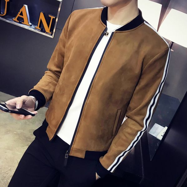 2018 autumn and winter new fashion casual men's collar collar slim solid color ribbon suede jacket, Black;brown
2018 autumn and winter new fashion casual men's collar collar slim solid color ribbon suede jacket, Black;brown