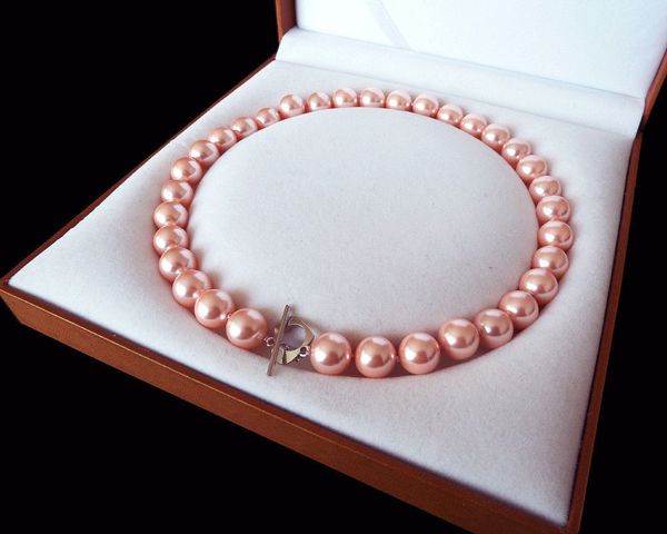 

whole salerare huge 12mm genuine south sea pink shell pearl necklace heart clasp 18, Golden;silver